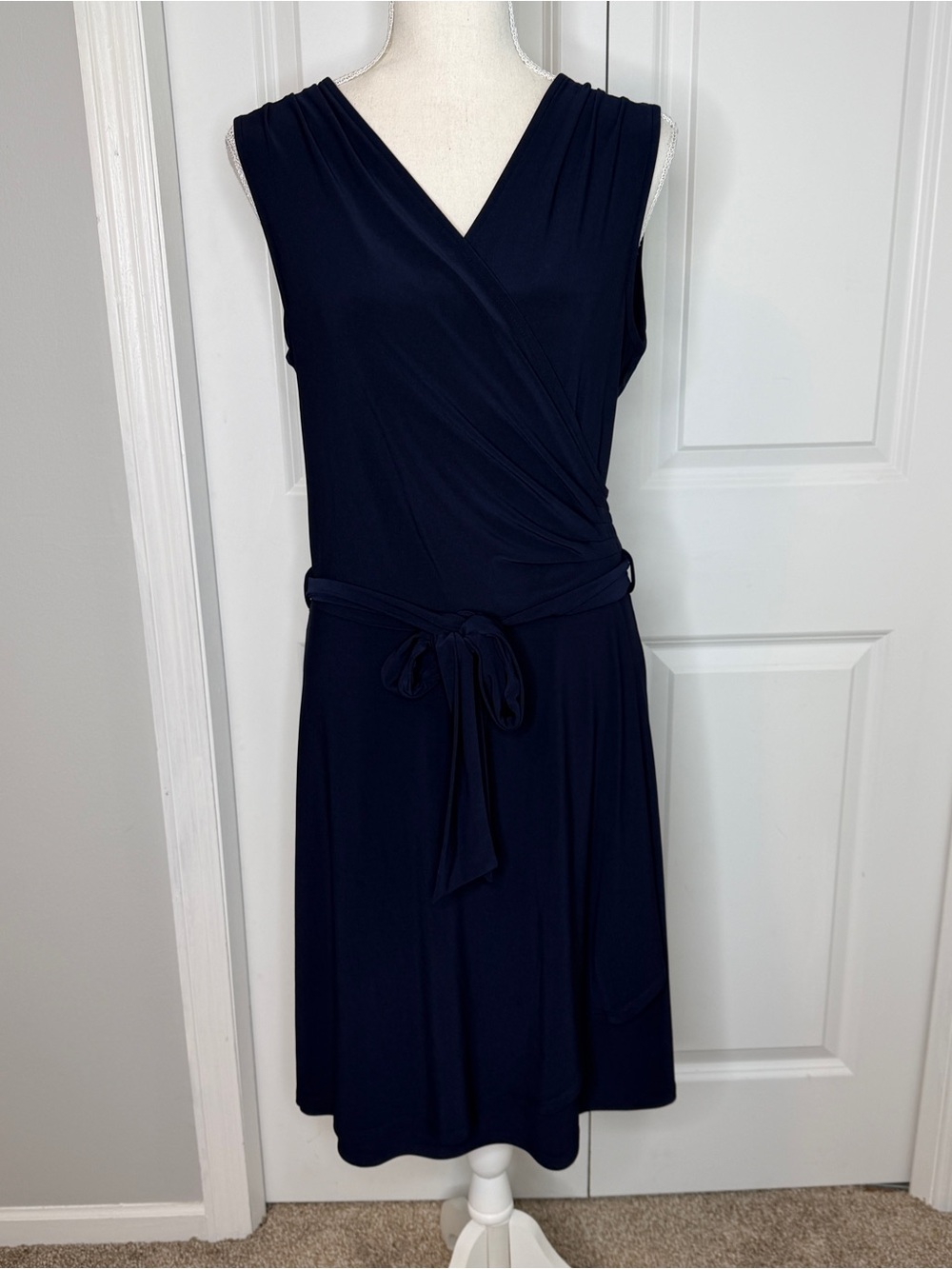 Last Tango Navy Blue Sleeveless Faux Wrap Jersey Knit Dress Large Belted Ruched